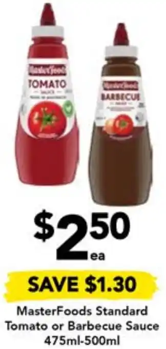 Drakes MasterFoods Standard Tomato or Barbecue Sauce 475ml-500ml offer