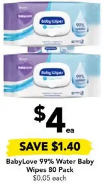 Drakes BabyLove 99% Water Baby Wipes 80 Pack offer
