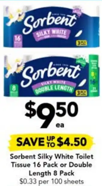 Drakes Sorbent Silky White Toilet Tissue 16 Pack or Double Length 8 Pack offer