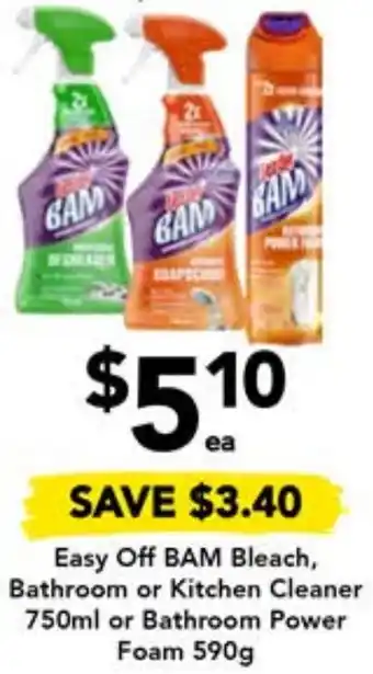 Drakes Easy Off BAM Bleach, Bathroom or Kitchen Cleaner 750ml or Bathroom Power Foam 590g offer