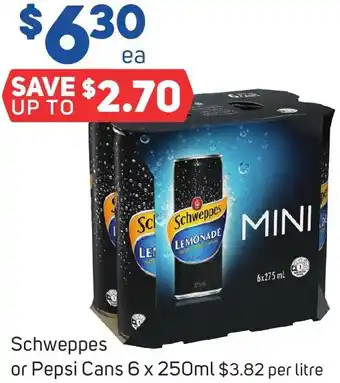 Foodland Schweppes or Pepsi Cans 6 x 250ml offer