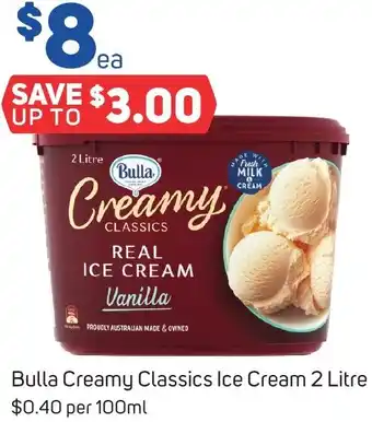 Foodland Bulla Creamy Classics Ice Cream 2 Litre offer