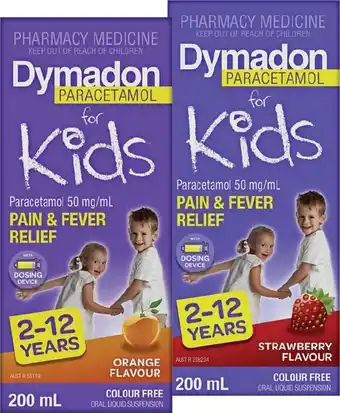Pharmacist Advice Dymadon Paracetamol for Kids 2-12 Years Orange or Strawberry Flavour 200mL offer