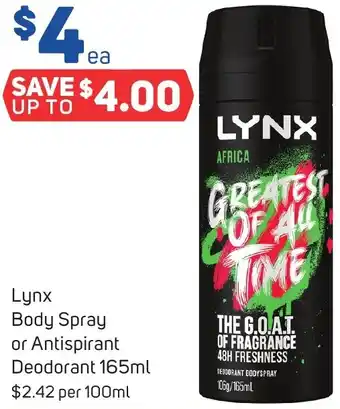 Foodland Lynx Body Spray or Antispirant Deodorant 165ml offer