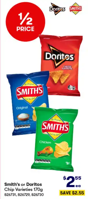 BIG W Smith's or Doritos Chip Varieties 170g offer