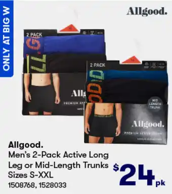 BIG W Allgood Men's 2-Pack Active Long Leg or Mid-Length Trunks Sizes S-XXL offer