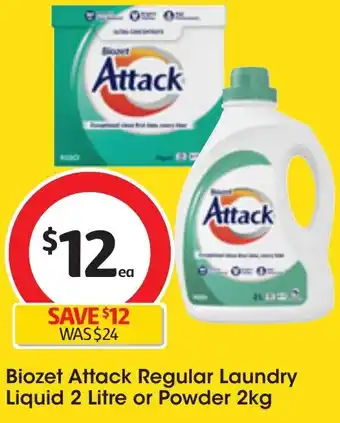 Coles Biozet Attack Regular Laundry Liquid 2 Litre or Powder 2kg offer