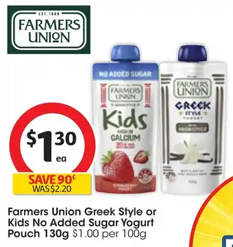 Coles Farmers Union Greek Style or Kids No Added Sugar Yogurt Pouch 130g offer