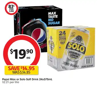Coles Pepsi Max or Solo Soft Drink 24x375mL offer