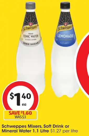 Coles Schweppes Mixers, Soft Drink or Mineral Water 1.1 Litre offer