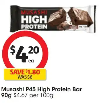Coles Musashi P45 High Protein Bar 90g offer