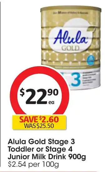 Coles Alula Gold Stage 3 Toddler or Stage 4 Junior Milk Drink 900g offer