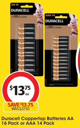 Coles Duracell Coppertop Batteries AA 16 Pack or AAA 14 Pack offer