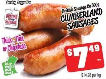 British Sausage Co 500g CUMBERLAND SAUSAGES