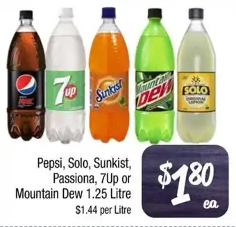 Farmer Jack's Pepsi, Solo, Sunkist, Passiona, 7Up or Mountain Dew 1.25 Litre offer