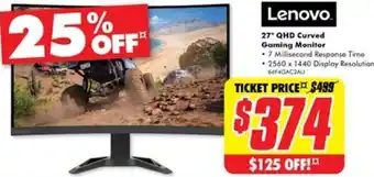 The Good Guys Lenovo 27" QHD Curved Gaming Monitor offer