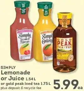 IGA Simply Lemonade or Juice 1.54 L or gold peak iced tea 1.75L offer