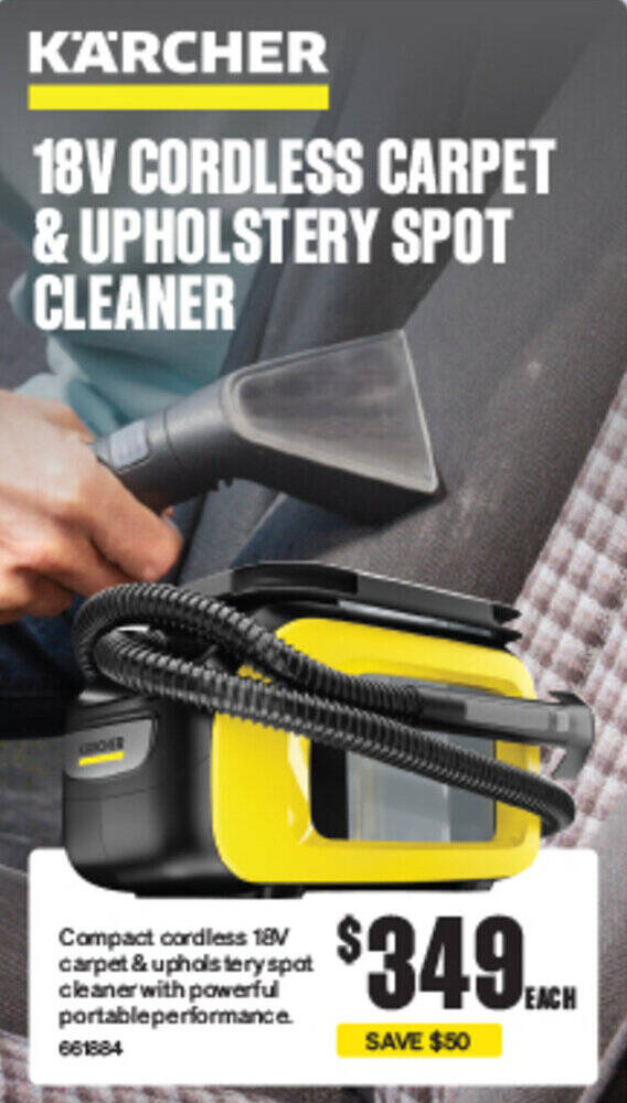 KÄRCHER 18V CORDLESS CARPET & UPHOLSTERY SPOT CLEANER offer at
