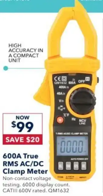 Jaycar Electronics 600A True RMS AC/DC Clamp Meter offer