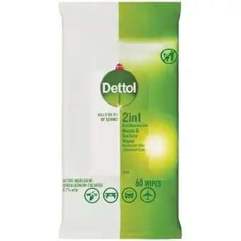 Woolworths Dettol 2 in 1 Antibacterial Hands & Surface Wipes Pk 60 offer