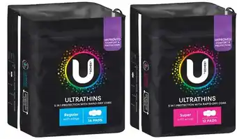 Coles U By Kotex Ultra Thin Pads with Wings Regular 14 Pack or Super 12 Pack offer