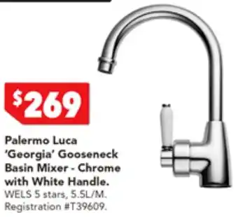 Harvey Norman Palermo Luca 'Georgia' Gooseneck Basin Mixer - Chrome with White Handle offer