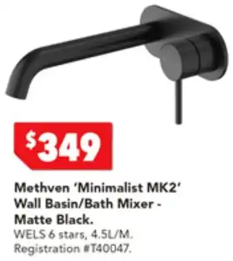 Harvey Norman Methven 'Minimalist MK2' Wall Basin/Bath Mixer - Matte Black offer