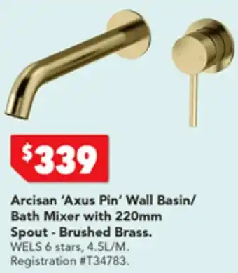 Harvey Norman Arcisan 'Axus Pin' Wall Basin/ Bath Mixer with 220mm Spout - Brushed Brass offer