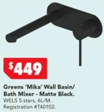 Harvey Norman Greens 'Mika' Wall Basin/ Bath Mixer - Matte Black offer