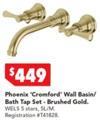 Harvey Norman Phoenix 'Cromford' Wall Basin/ Bath Tap Set - Brushed Gold offer