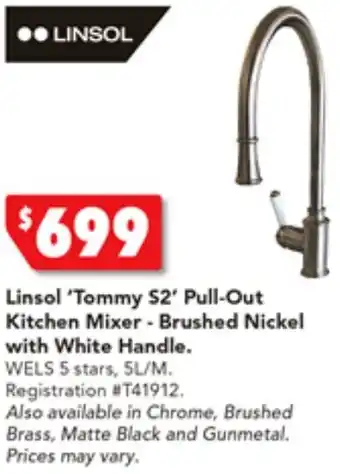 Harvey Norman Linsol 'Tommy S2' Pull-Out Kitchen Mixer - Brushed Nickel with White Handle offer