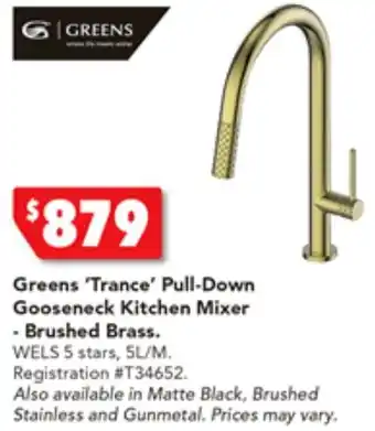 Harvey Norman Greens 'Trance' Pull-Down Gooseneck Kitchen Mixer - Brushed Brass offer