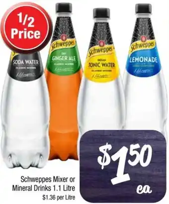 Farmer Jack's Schweppes Mixer or Mineral Drinks 1.1 Litre offer