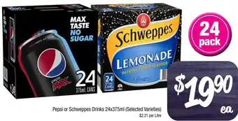 Farmer Jack's Pepsi or Schweppes Drinks 24x375ml offer