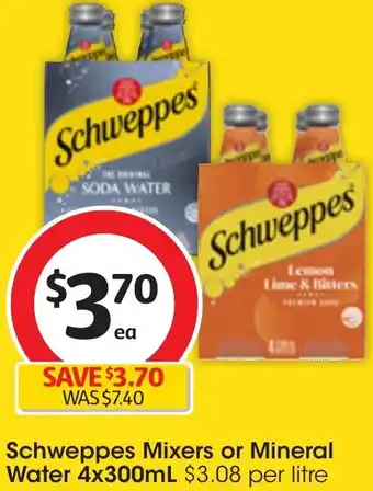 Coles Schweppes Mixers or Mineral Water 4x300mL offer