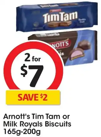 Coles Arnott's Tim Tam or Milk Royals Biscuits 165g-200g offer