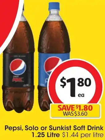 Coles Pepsi, Solo or Sunkist Soft Drink 1.25 Litre offer