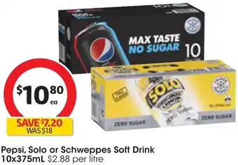 Coles Pepsi, Solo or Schweppes Soft Drink 10x375mL offer