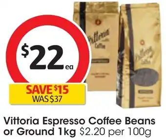 Coles Vittoria Espresso Coffee Beans or Ground 1kg offer
