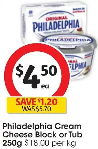 Coles Philadelphia Cream Cheese Block or Tub 250g offer