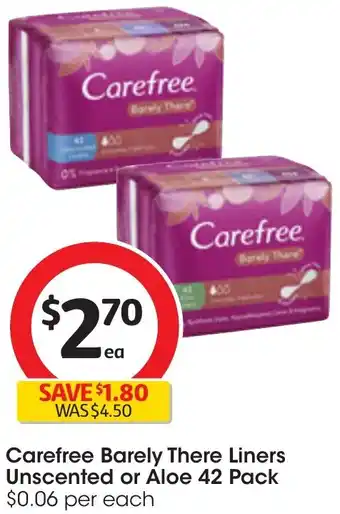 Coles Carefree Barely There Liners Unscented or Aloe 42 Pack offer