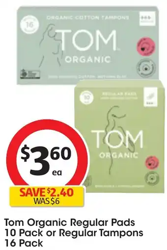 Coles Tom Organic Regular Pads 10 Pack or Regular Tampons 16 Pack offer
