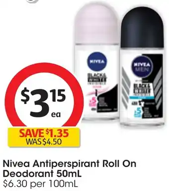Coles Nivea Antiperspirant Roll On Deodorant 50mL offer