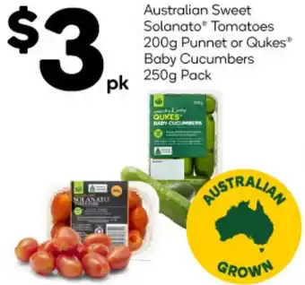 Woolworths Australian Sweet Solanato Tomatoes 200g Punnet or Qukes Baby Cucumbers 250g Pack offer