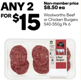Woolworths Woolworths Beef or Chicken Burgers 540-550g Pk 6 offer