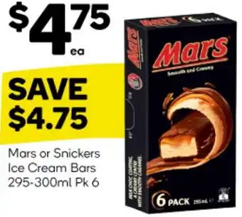 Woolworths Mars or Snickers Ice Cream Bars 295-300ml Pk 6 offer