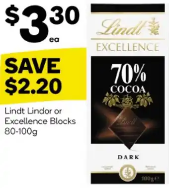 Woolworths Lindt Lindor or Excellence Blocks 80-100g offer