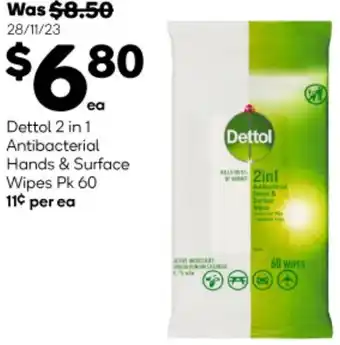 Woolworths Dettol 2 in 1 Antibacterial Hands & Surface Wipes Pk 60 offer