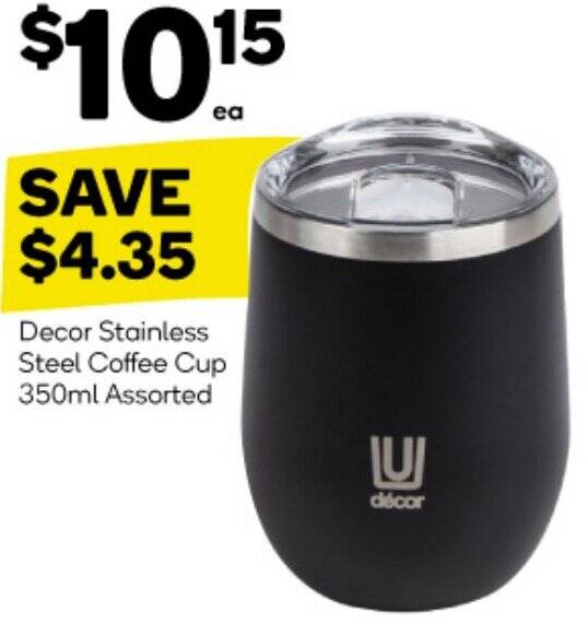 Decor Stainless Steel Coffee Cup 350ml Assorted offer at Woolworths