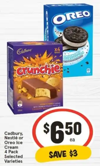 IGA Cadbury, Nestlé or Oreo Ice Cream 4 Pack Selected Varieties offer